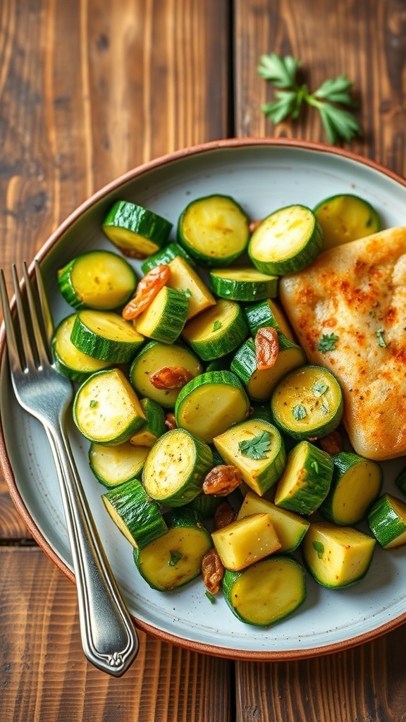 Sautéed zucchini with lean protein garnished with herbs on a rustic table.